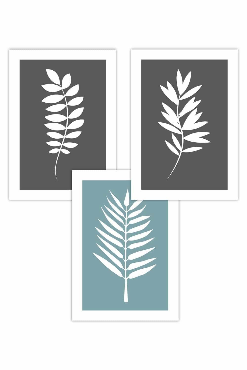 Set of 3 Grey Blue Graphical Leaves Art Posters